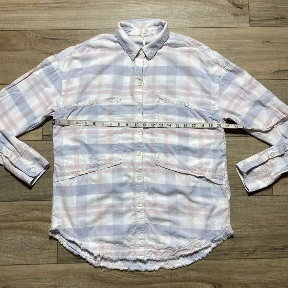 Free‎ People Womens Loveland Pastel Plaid Frayed Hem Button Up Shirt Size Small